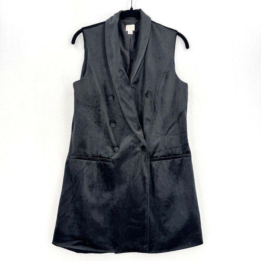 A New Day Black Velvet Longline Vest S Double Breasted Shawl Collar Tailored Top